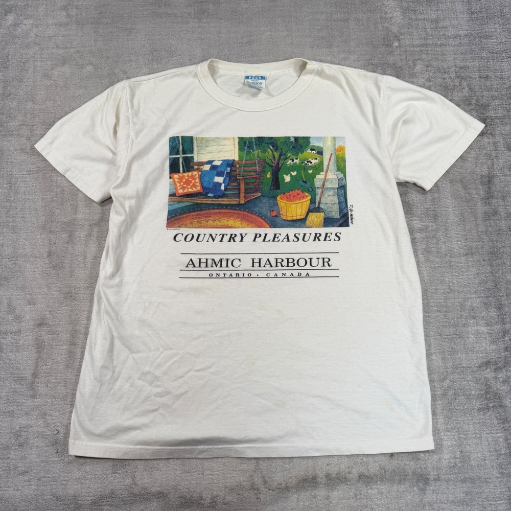 Vintage Ahmic Harbour Shirt Men XL Cream Country Pleasures Hallmark Art Farm